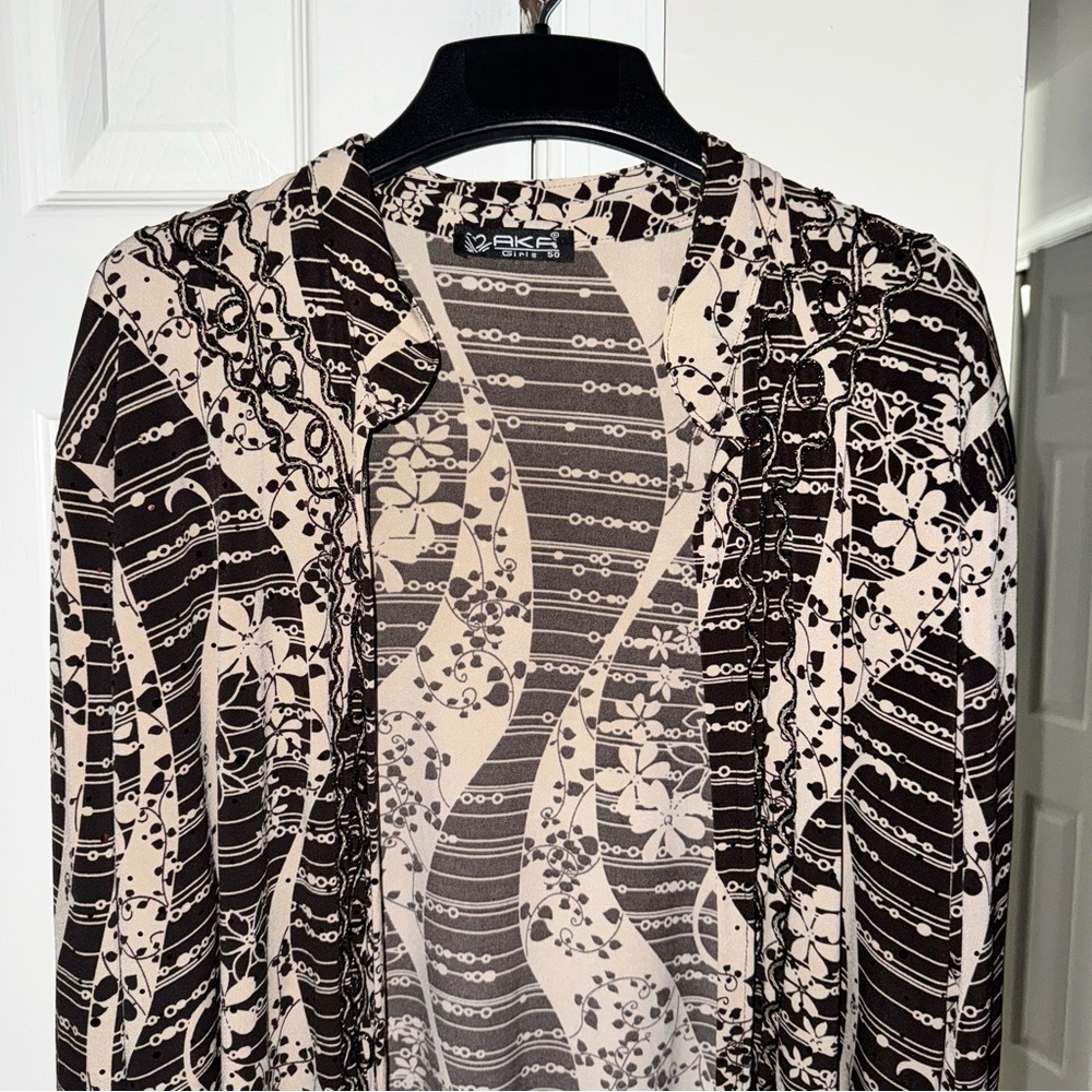 AKA Women's Duster Cardigan Sheer Brown Beige Abstract Floral Print Size 2XL - Picture 4 of 10